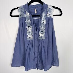 Free People Crochet Tank Top Flutter Open Back Button Front Blue Small S Cotton